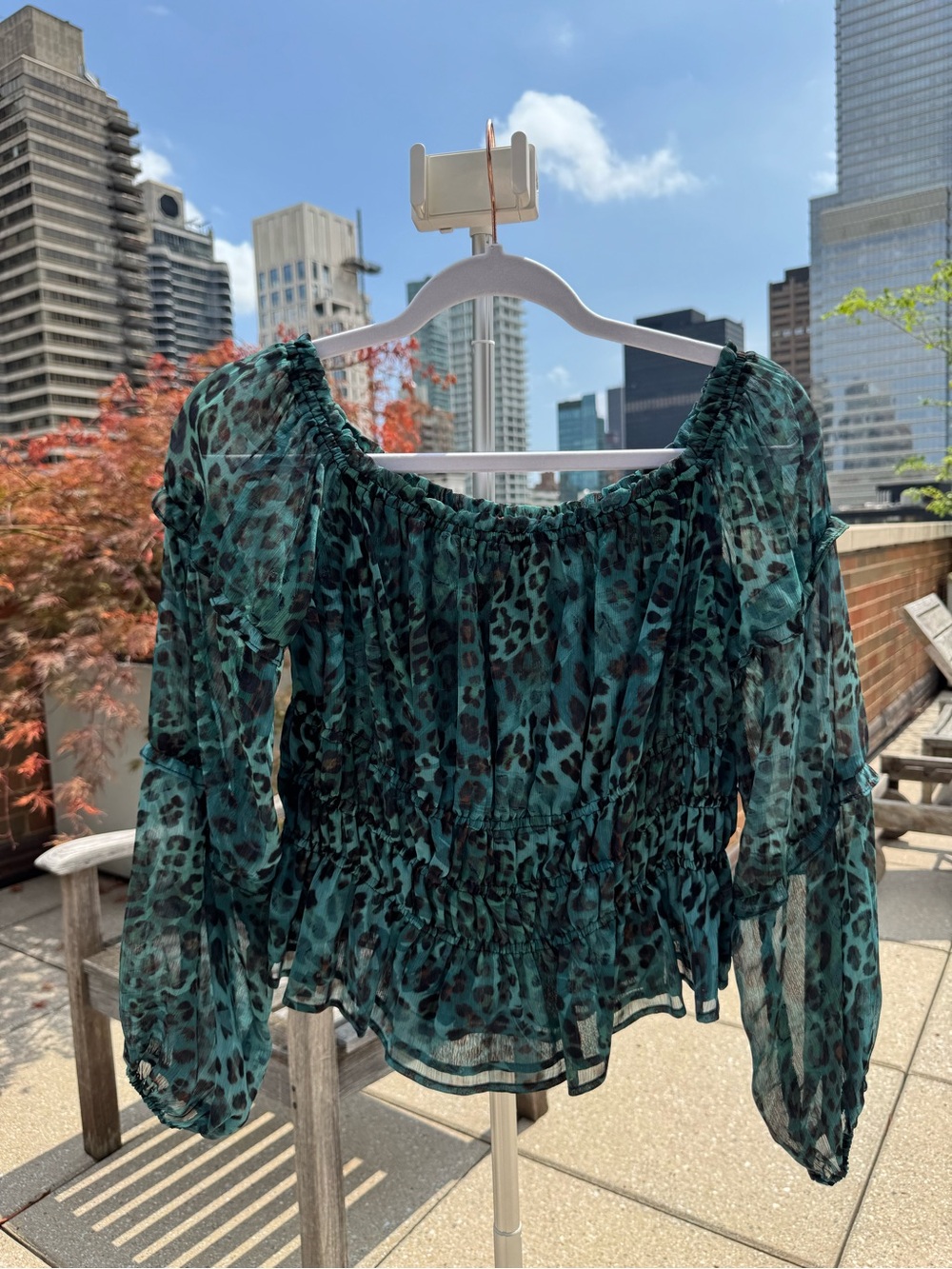 Guess Teal Leopard Off-Shoulder Sheer Blouse